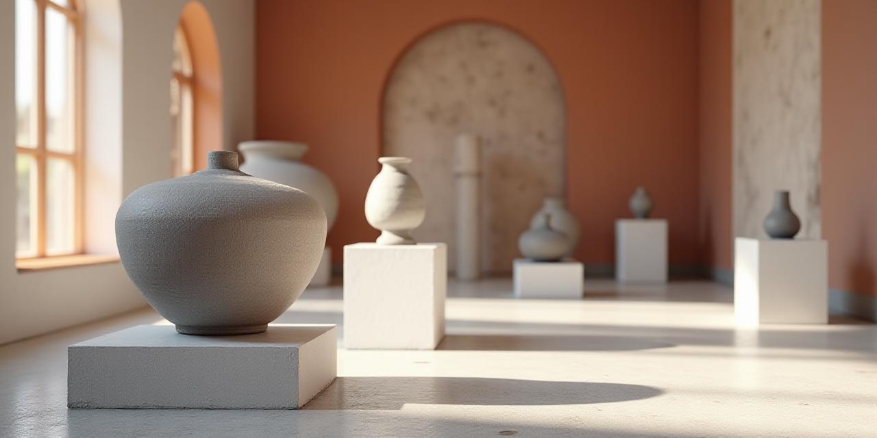 Close-up of elegant ceramic vases on display in a brightly lit art gallery