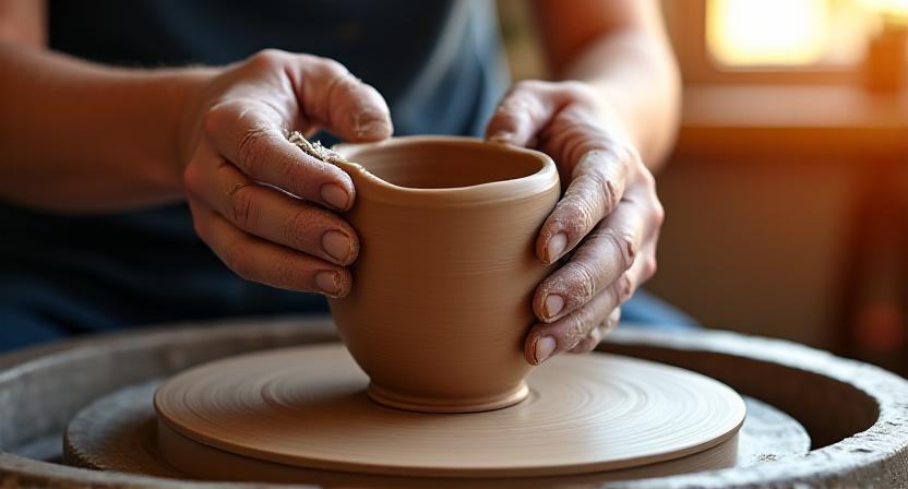 Close-up of a potter's hands shaping a textured mug on a wheel, representing original design work